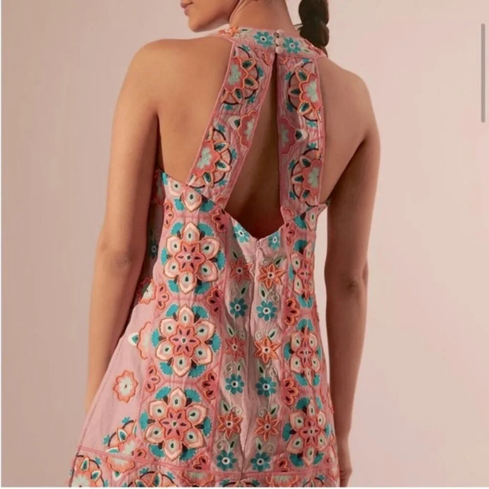 Anthropologie Embroidered & Appliqued Dress - Pink with Multicolor Floral Size 0 - Picture 3 of 12